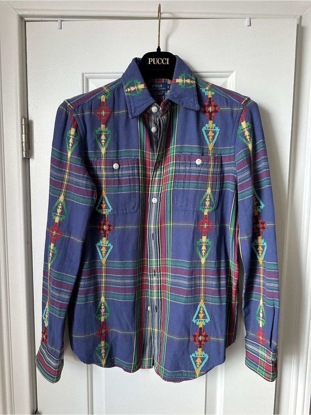Polo by Ralph Lauren Navy Plaid Button-Down with Multicolor Geometric Accents